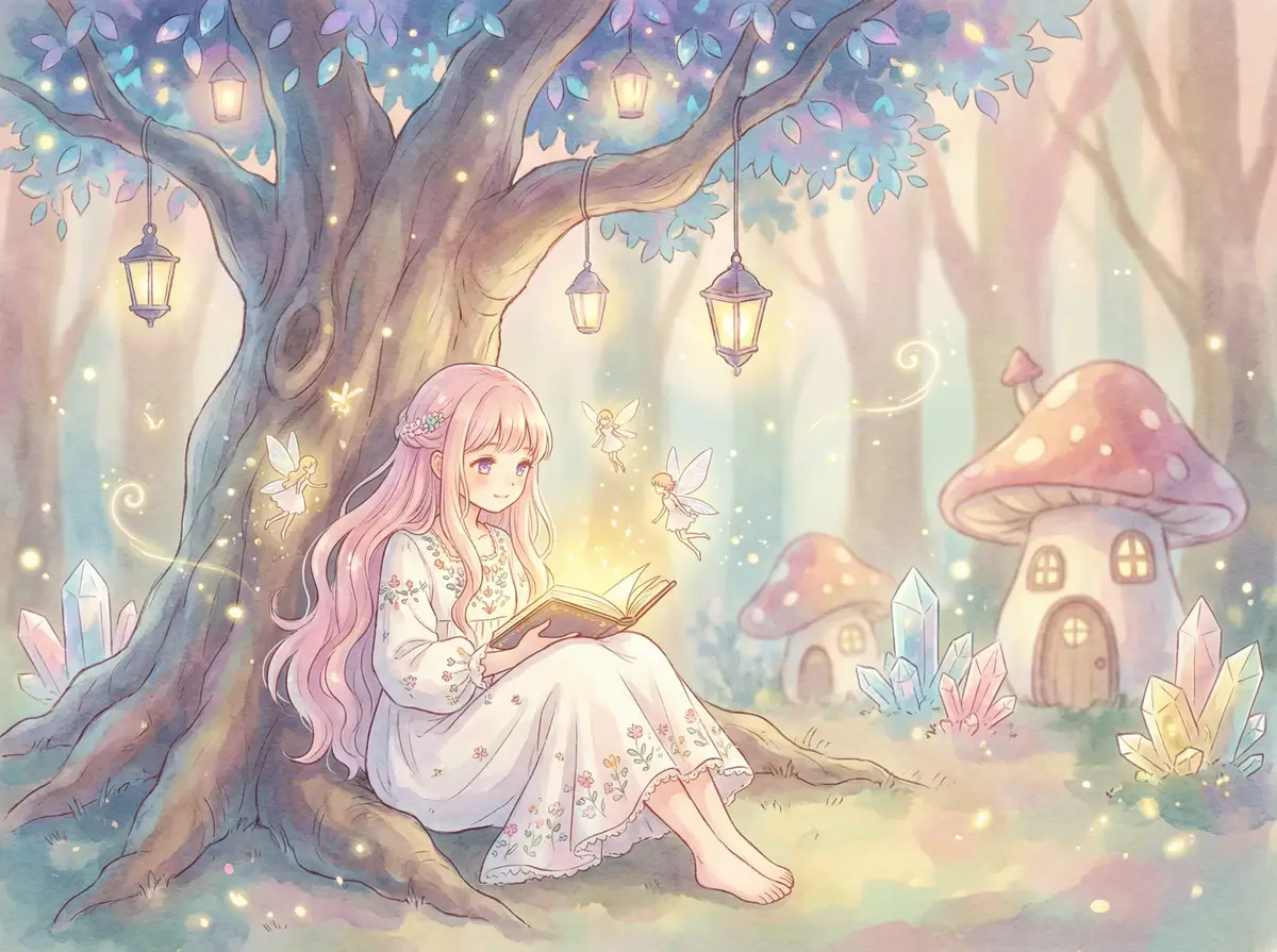 做暖暖视频大全高清 - 魔法森林中阅读故事书的粉发少女与精灵